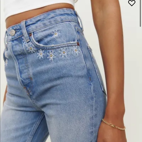 Reformation Cynthia High-Rise Straight Daisy Embroidered Jeans 29 NWT - Picture 8 of 12